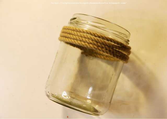 glass jar with craft rope wrapped around top section