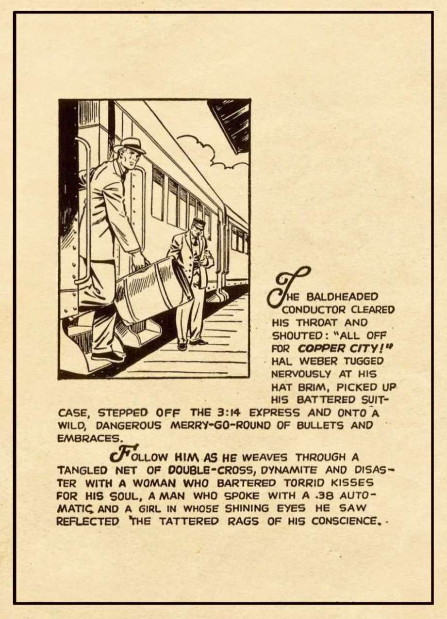 Page 1 of the story with panel of Hal stepping off a train above a block of narration