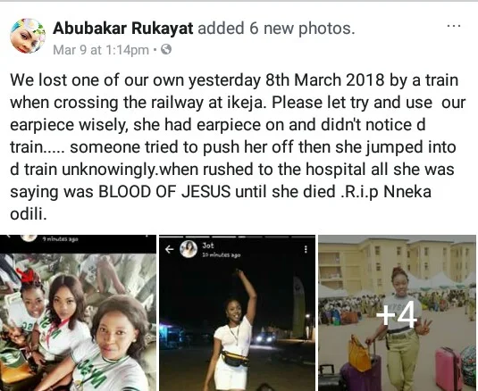 "All she was saying was Blood of Jesus until she died"- Friends, family members mourn Corps member killed by train in Lagos (graphic photos)