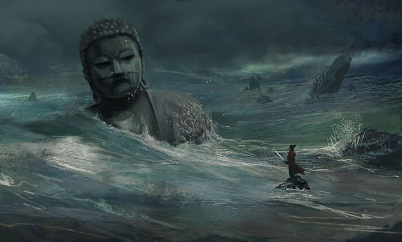 Tsunami , estatua buda, samurai japones com katana, apocalipse