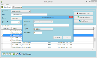 Screenshot of the main PittComics window, and the "Add Title" option.