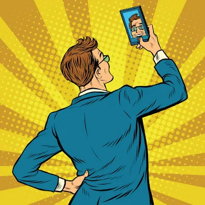 man taking selfie retro cartoon