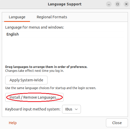 Ubuntu 22.04 Language Support 画面