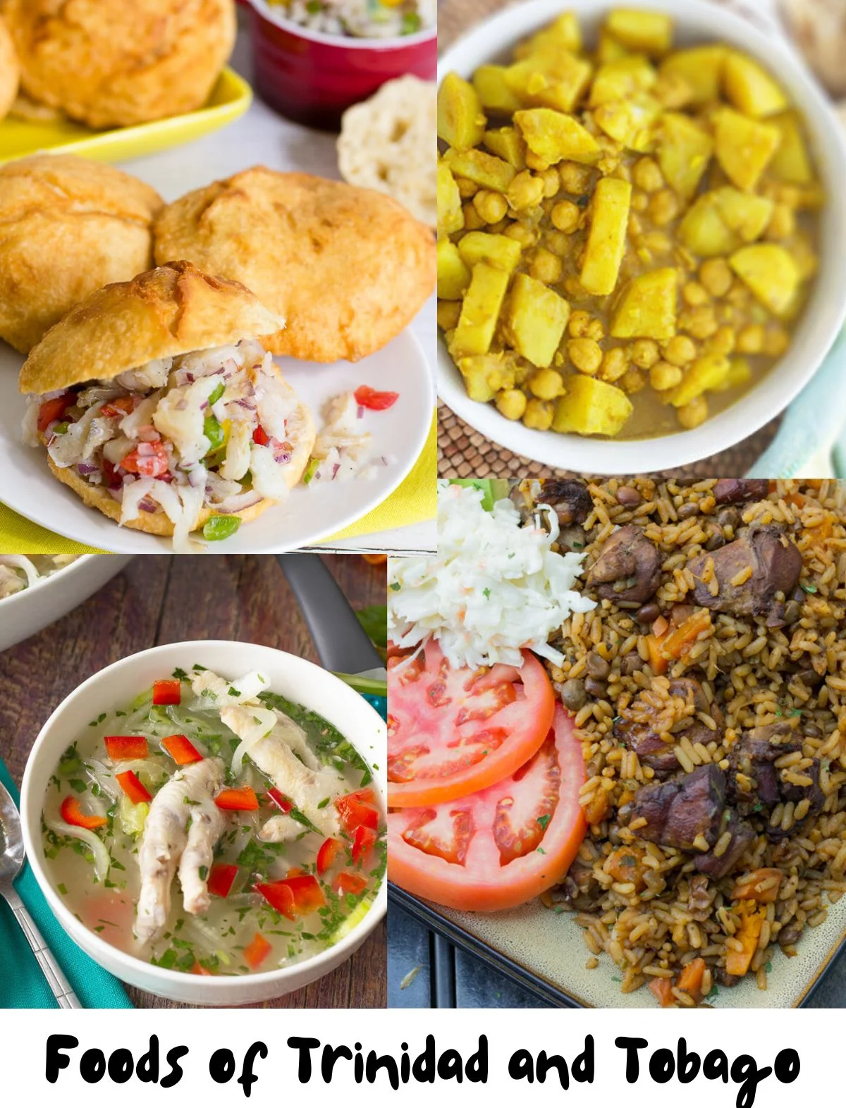 Collage of images for appetizers with bake and shake, pelau, souse and curry channa and aloo..