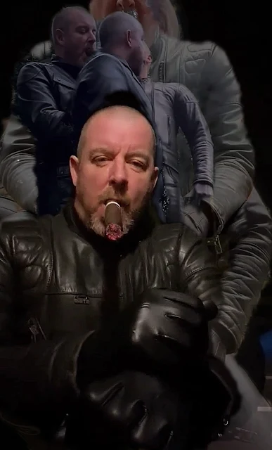 Bald bear Master wedding black leather jacket, gloves while smoking a cigar