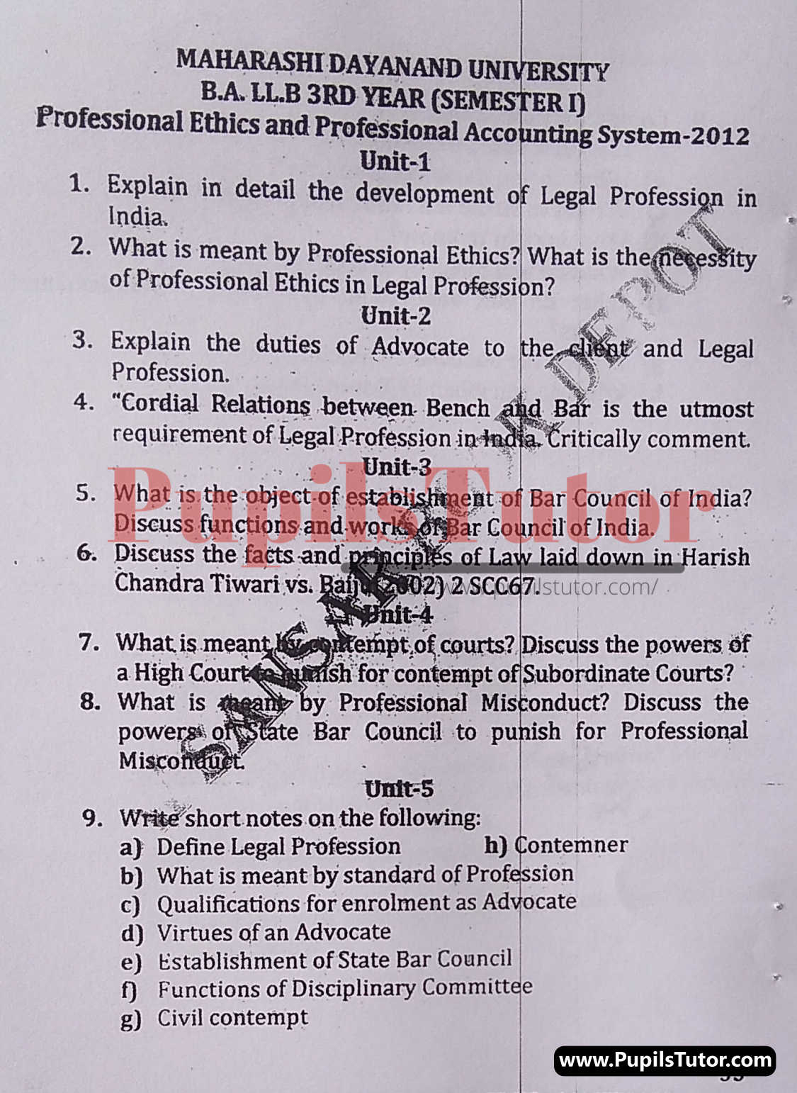 MDU (Maharshi Dayanand University, Rohtak Haryana) LLB Regular Exam (Hons.) First Semester Previous Year Professional Ethics And Professional Accounting System Question Paper For 2012 Exam (Question Paper Page 1) - pupilstutor.com