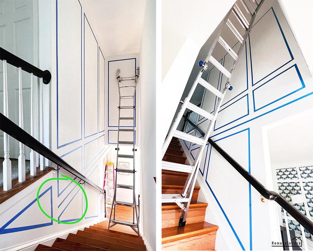 a staircase tall wall gets a molding frame design