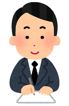 紙に何かを書く会社員のイラスト（笑顔・男性）