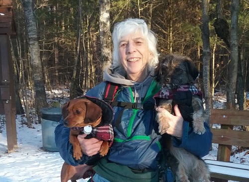 hiker holding small dogs