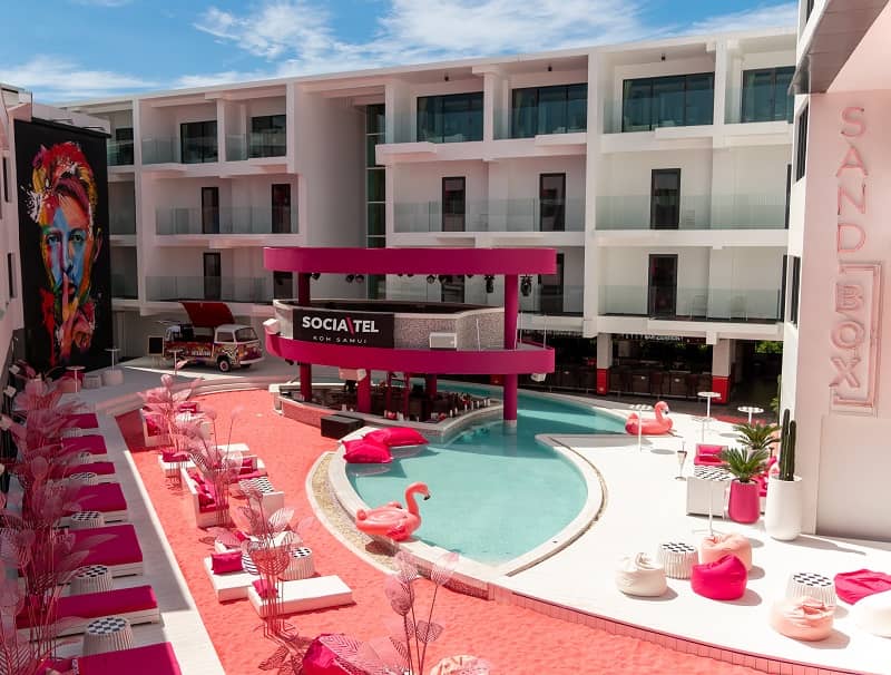 The flamingo-pink SandBox hosts pool parties