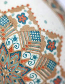 Brown Chicken Egg Pysanky Etched and Dyed Orange and Blue Traditional Star Pattern