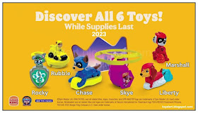 Burger King Paw Patrol Toys 2023 in New King Jr Meal in September and October includes six different dogs which are named to help with identification of each toy - Rocky, Marshall, Rubble, Liberty, Chase and Skye