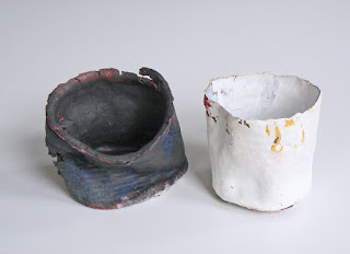 Tin cans, molding the inside of two tin cans, acrylic and Gesso