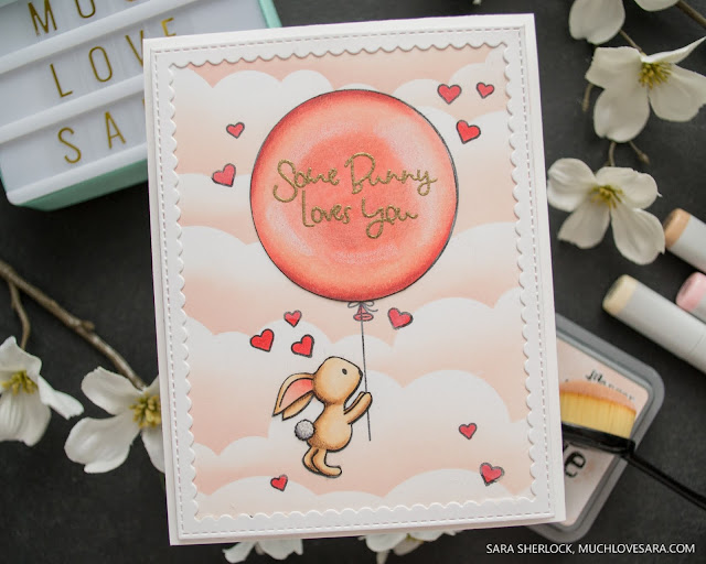 This adorable card features the Avery Elle stamp set "Some Bunny" along with My Favorite Things Cloud Stencil, and Stitched Rectangle Scallop Frame.  The image was colored with Copic markers and Prismacolor pencils. 