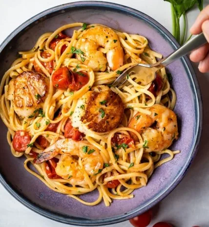 SCALLOP SHRIMP PASTA WITH BURST CHERRY TOMATOES RECIPES