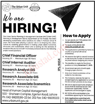 Urban Unit Punjab Jobs in Lahore November 2023 Advertisement