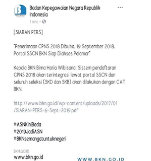 Pendaftaran CPNS Di Buka Tanggal 19 September 2018