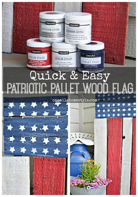 Want to add a patriotic touch to your home's front porch at the last minute? This super easy DIY Pallet Wood Flag can be created in a flash!  - One Mile Home Style