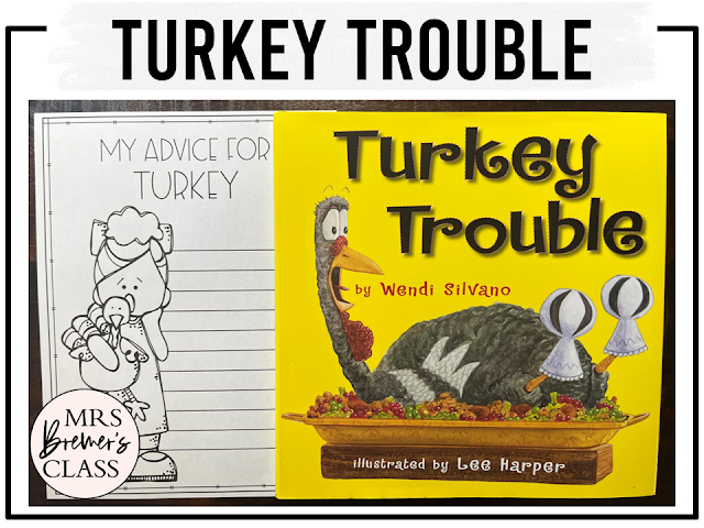 Turkey Trouble book activities unit with printables, literacy companion activities, reading worksheets, and a craft for Thanksgiving in Kindergarten and First Grade