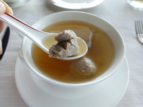 Tin Lung Heen (天龍軒), 2 Michelin star Chinese restaurant Ritz Carlton Hong Kong - Double-boiled pork shin soup with fish skin and ladybells (沙參公魚皮燉豬腱) [abalone indulgence menu]