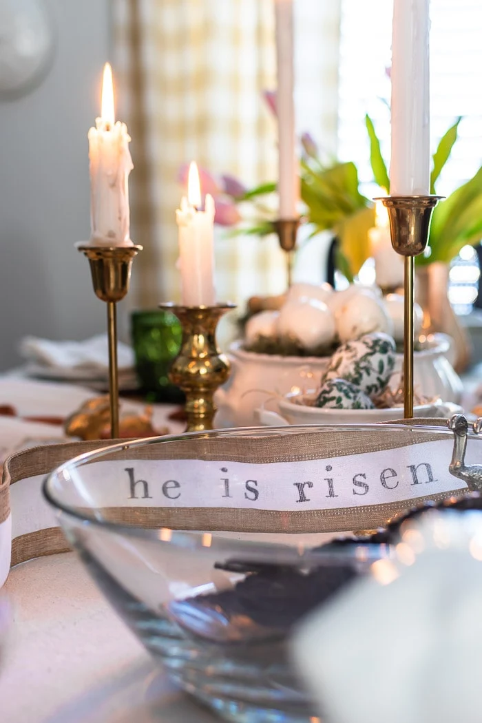 He Is Risen stamped ribbon, bunnies, brass candlesticks