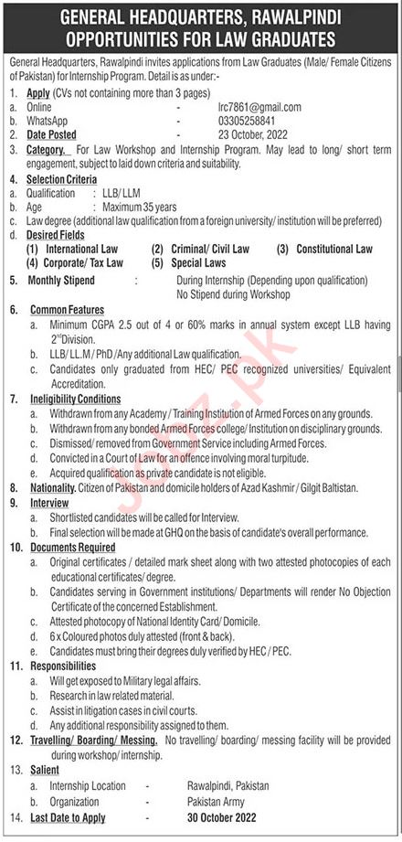 Latest General Head Quarter GHQ Legal Posts Rawalpindi 2022