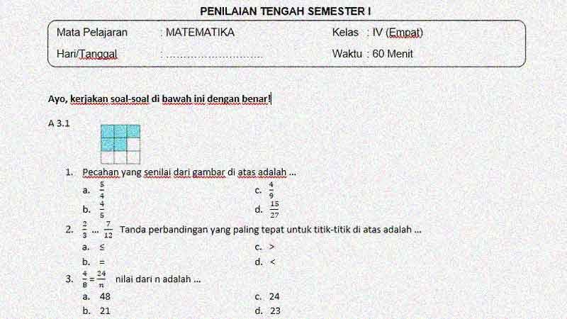 Soal Latihan Penilaian Tengah Semester 1 Matematika Kelas 4 Sekolahdasar Net