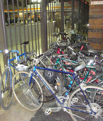 bikes sheltered in Back Bay Station Boston