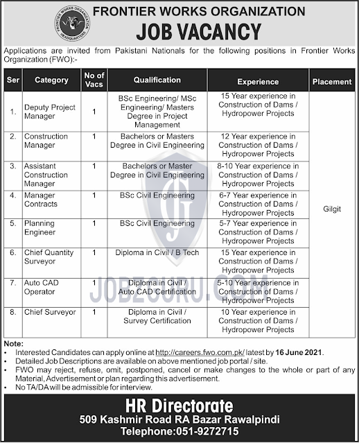 Jobs in Rawalpindi Frontier Works Organization June 2021