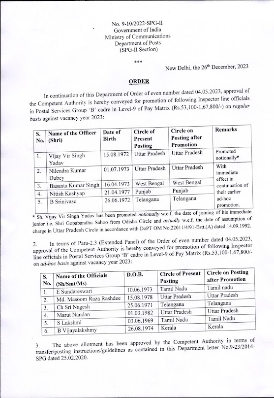 Promotion/ Postings / Allotment of PS Group "B"  - Directorate Order dtd 26/12/2023