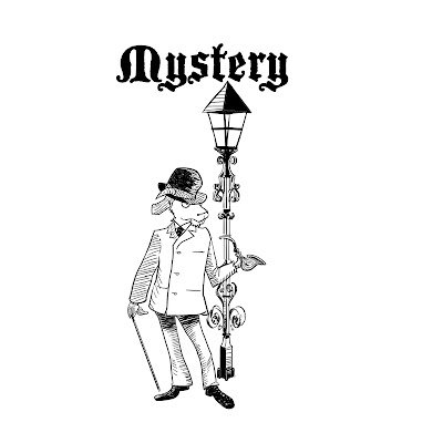 Mystery - woodcut style illustration of Magyck the goat dressed as a victorian detective, smoking a pipe,  standing beneath a tall streetlamp, walking stick in his other hand.