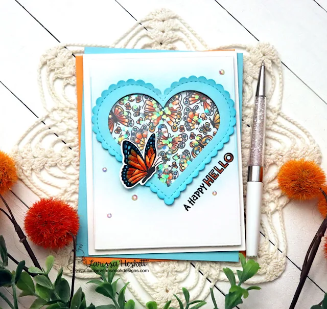 A Happy Hello Card by Larissa Heskett for Newton's Nook Designs using Heartfelt Butterflies, Monarchs Stamp Set and Heart Frames Die Set
