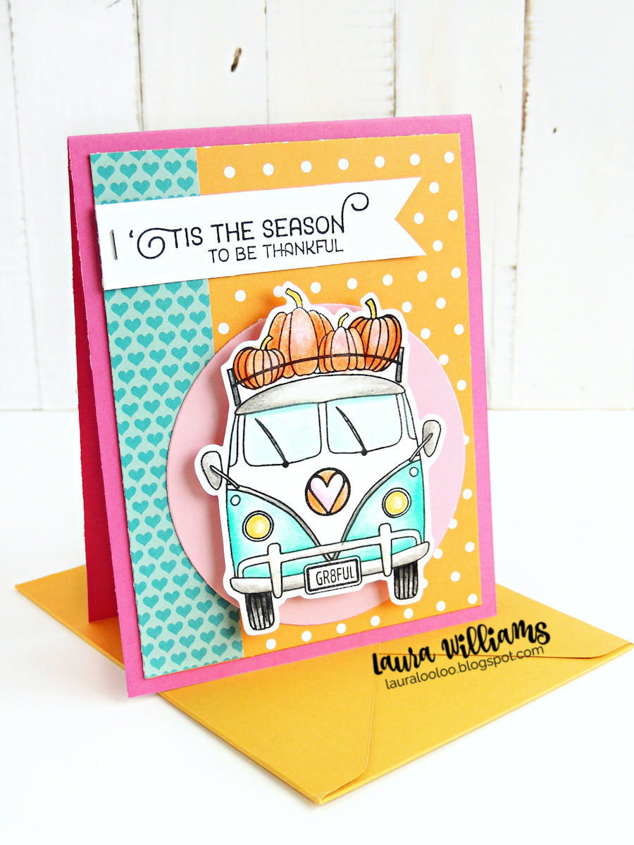 The Vintage Van clear stamp set from Sweet 'n Sassy Stamps is first of all ABSOLUTELY adorable - but it's also incredibly versatile which makes it an extra fantastic stamp set. For this card, I decked out the van with pumpkins on top, but there are options for Christmas and birthdays, plus all year long.