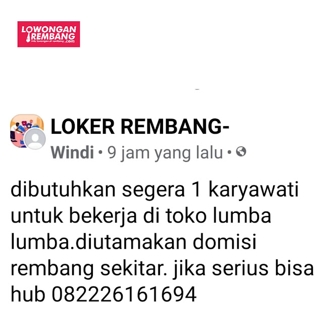 Lowongan Karyawati Toko Lumba Lumba Plastik Rembang