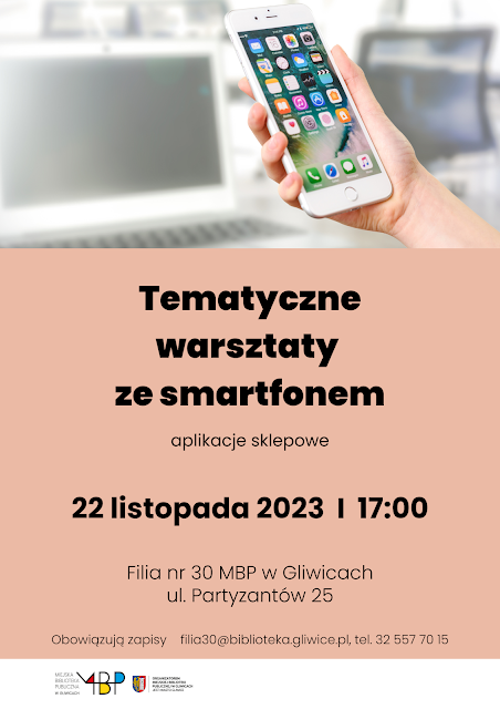 Plakat promujący zajęcia. U góry ręka trzymająca smartfona, na dole informacje dotyczące wydarzenia.