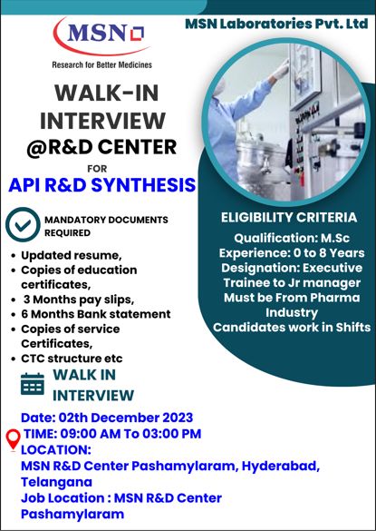MSN Laboratories | Walk-in interview for Freshers and Experienced on 2nd Dec 2023