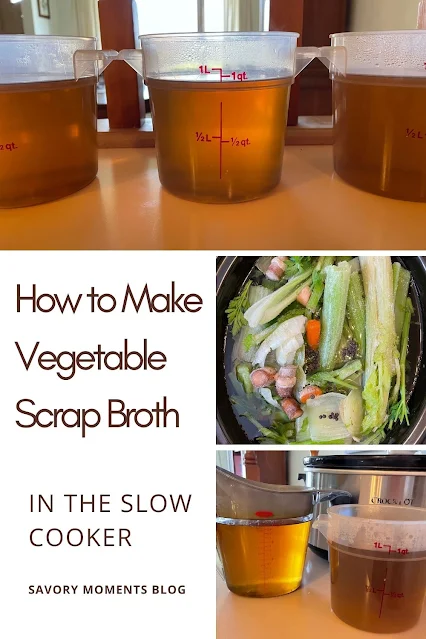 Collage of finished vegetable scrap broth and broth in the slow cooker.