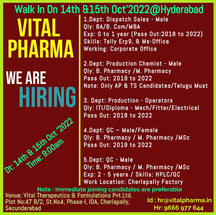 Job Availables for Vital Therapeutics & Formulations Pvt Ltd Walk-In Interview for Fresher’s & Experienced in BA/ B Com/ MBA/ B Pharmacy/ M Pharmacy/ MSc