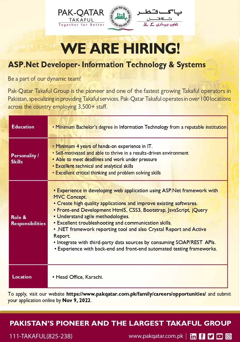 Pak-Qatar Takaful is looking for ASP.Net Developer- Information Technology & Systems.