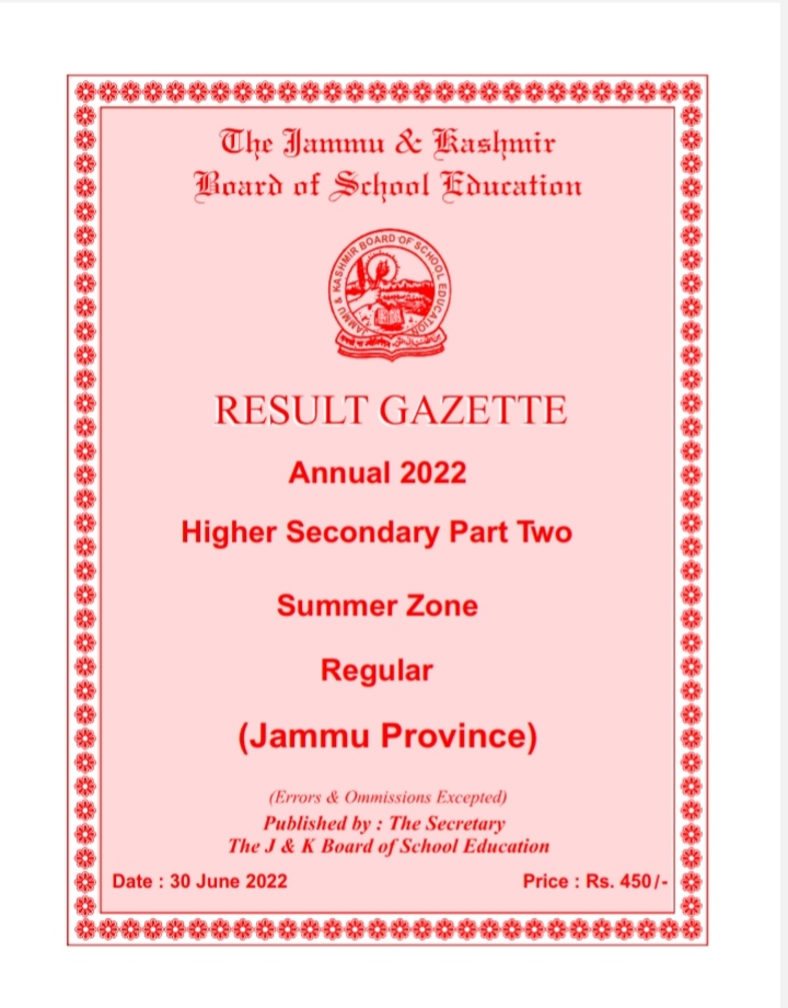 JKBOSE RESULT GAZETTE OF CLASS 12th ANNUAL REGULAR 2022 FOR JAMMU PROVINCE DOWNLOAD NOW