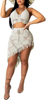 IyMoo Womens set of crochet top and mini asymmetrical skirt