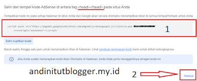Kode iklan otomatis dipasang pada bagian <head></head> di blog atau situs pada akun adsense