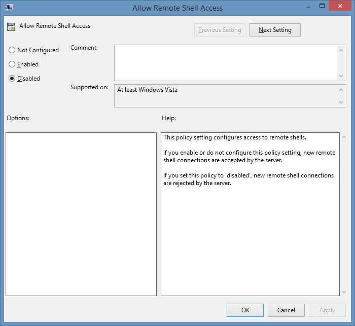 Allow Remote Shell Access policy setting disabled