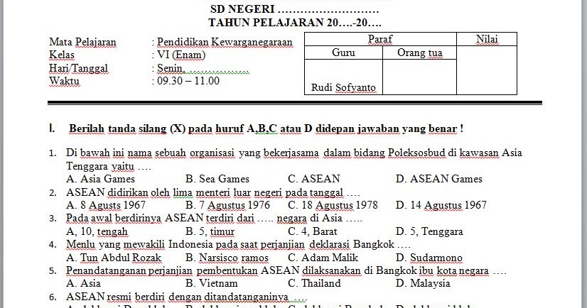 Soal Uts Pkn Kelas 6 (Vi) Semester 2 (Ii) Sd