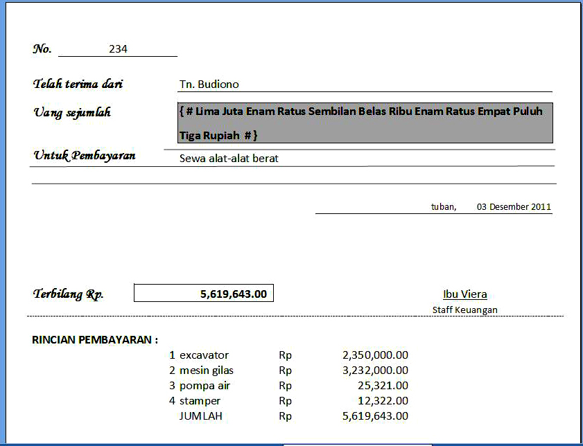 Kwitansi dengan Fungsi Terbilang Otomatis (Termudah)
