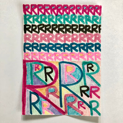 Marker doodle ATC on natural parchment style paper. The letter R is repeated in 6 rows on the top half of the 2.5x3.5 inch card. The bottom half has randomly placed Rs in various sizes. The art uses a colorful palette of tones, tints, and shades for subject and blank background spaces. All on a parchment style paper cut and printed on back for ATC making.