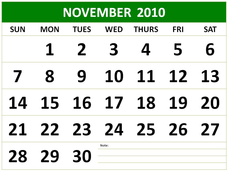 calendar november 2010. November 2010 Calendar