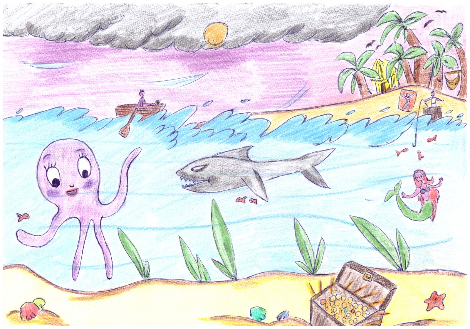 Questo ¨ il suo disegno libero ha scelto un paesaggio marino ascoltiamo ci² che Sara desidera unicare attraverso forme tratti colori personaggi