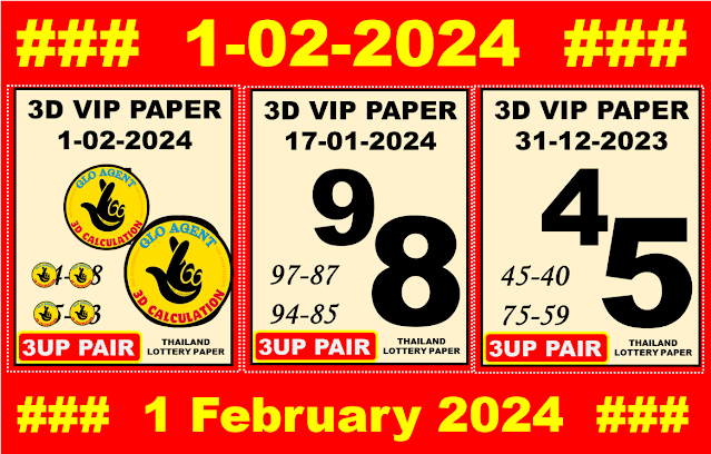 1-02-2024 Thailand Lottery Sure 3Up Digits 1 February 2024