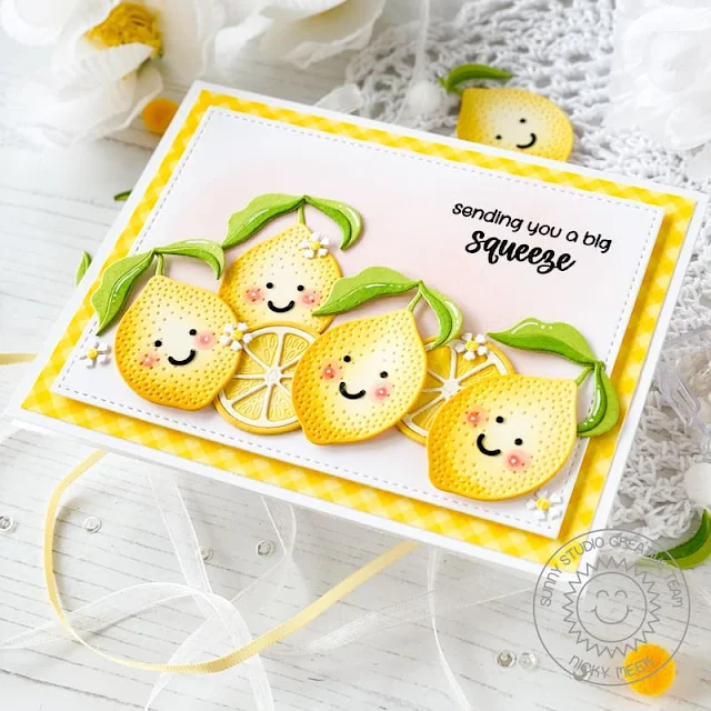 Sunny Studio Stamps: Fresh Lemon Die Focused Card by Nicky Meeks (featuring Punny Fruit Greetings, Stitched Rectangle Dies)